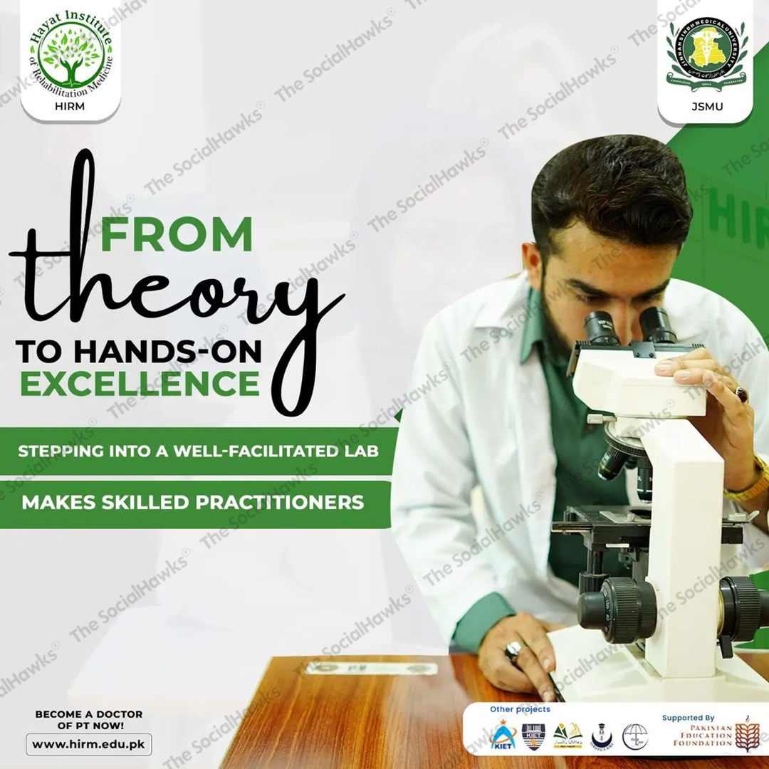 HIRM from theory to hands-on excellence ad with student using microscope in lab